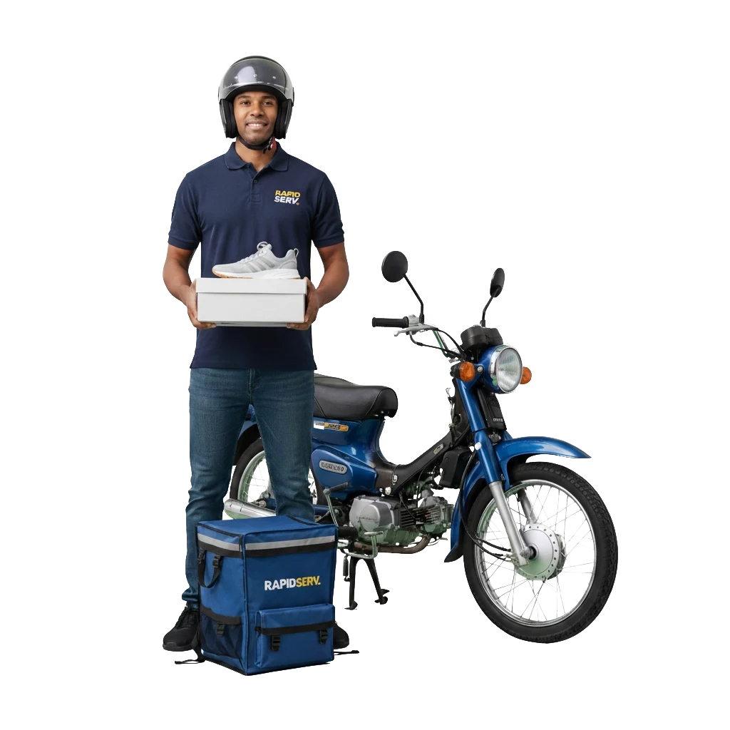Repartidor de RapidServ con caja de zapatos junto a su motocicleta azul y mochila de reparto