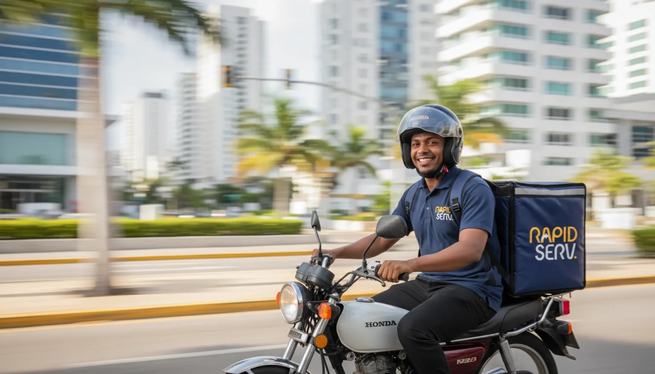 Mensajero de RapidServ con casco y mochila térmica conduciendo una motocicleta Honda por Santo Domingo